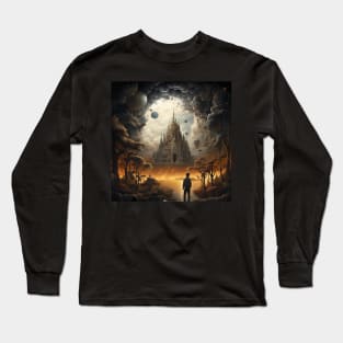 Mystical Sanctuary: Enigmatic Cathedral Amidst Celestial Orbs and Golden Forests Long Sleeve T-Shirt